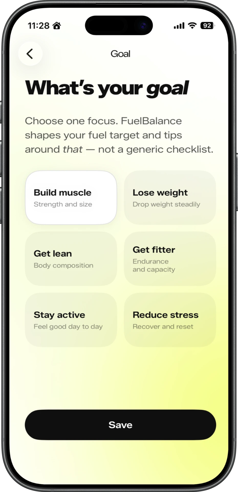 FuelBalance goal selection screen
